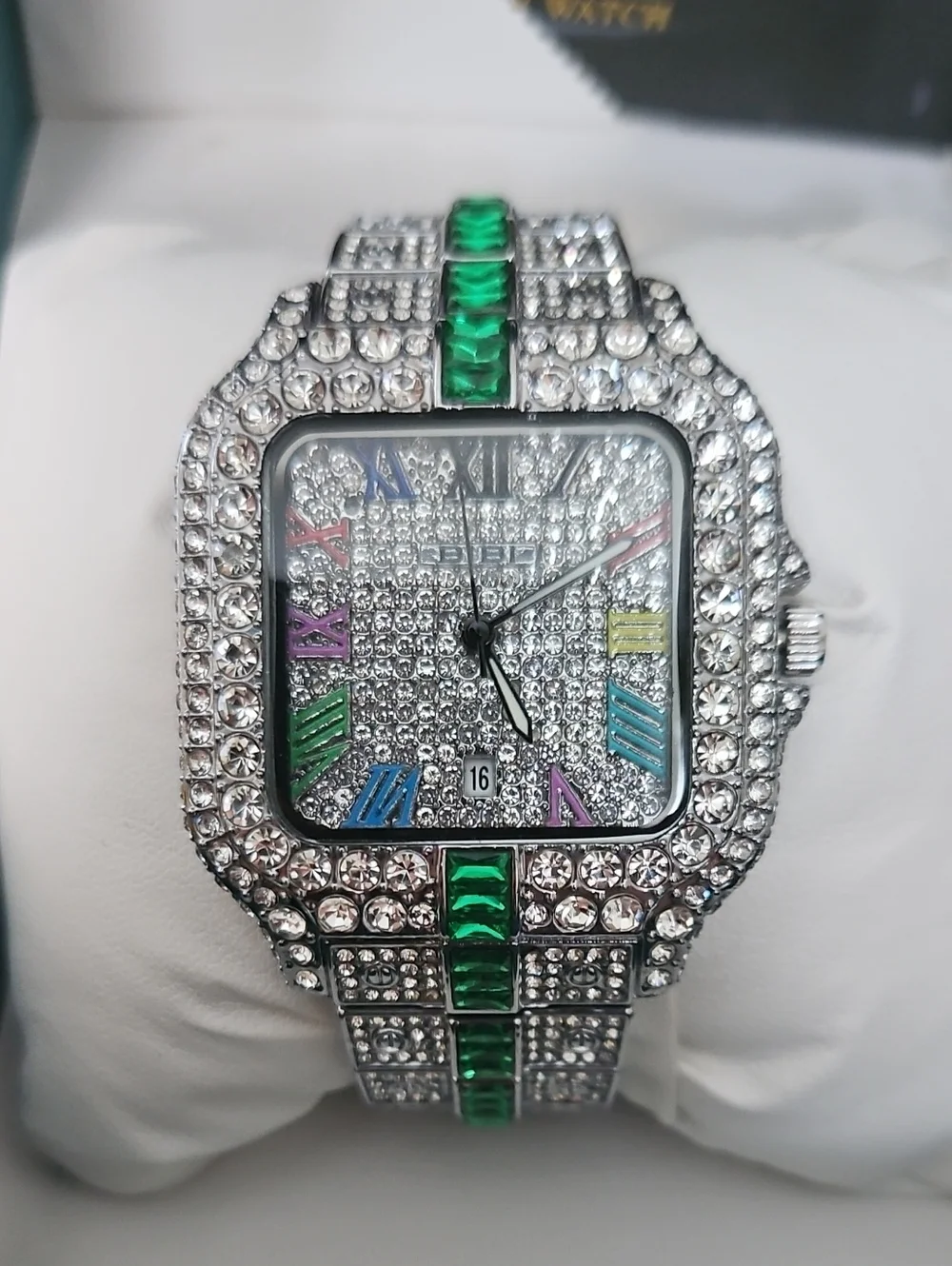 BiBi Silver Watch with Green Accents and Multicolor Markers